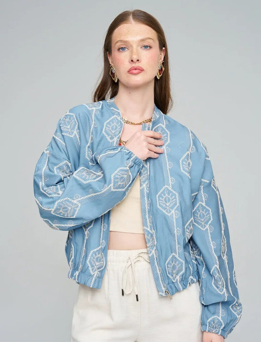 Women's Bomber Jacket with Floral Embroidery - Blue
