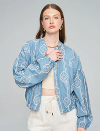 Women's Bomber Jacket with Floral Embroidery - Blue