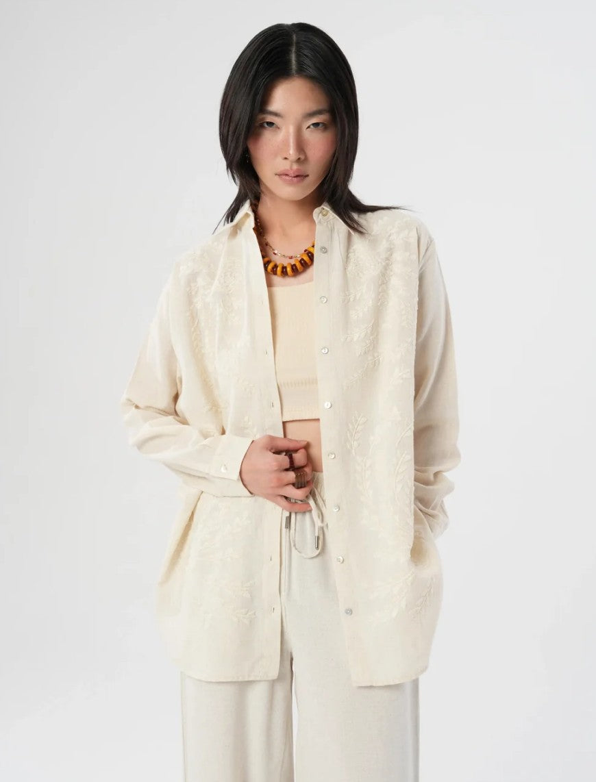 Oversize Linen Shirt with Embroidered Details - Off White