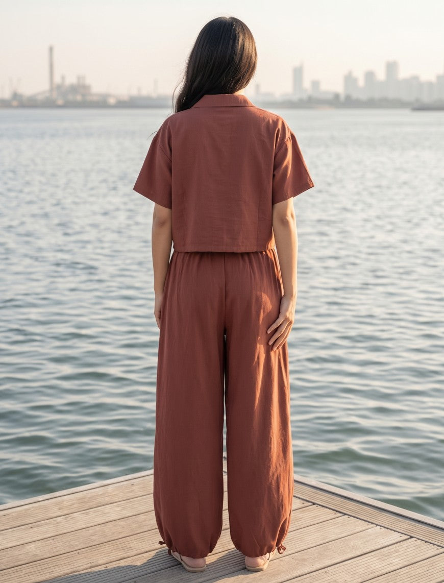 Button Up And Gathered Set - Chocolate
