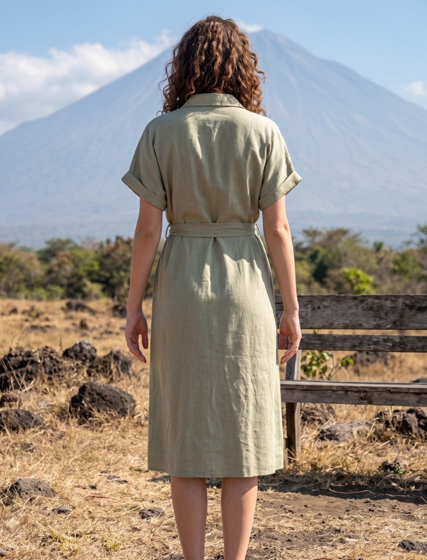 Indigo Tie Hemp Linen Shirtdress - Green