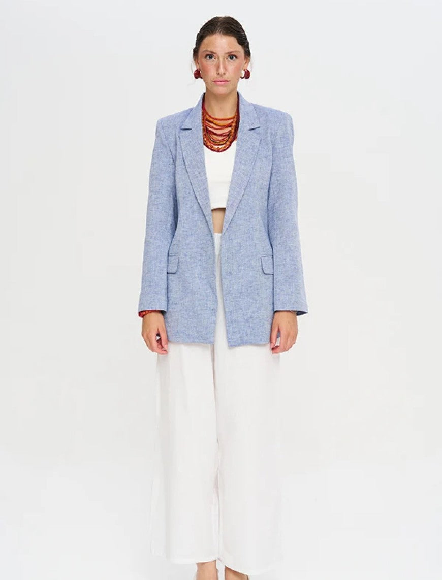 Linen Blend Lined Blue Women's Blazer Jacket