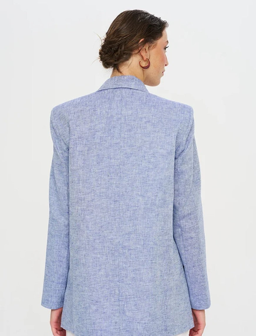 Linen Blend Lined Blue Women's Blazer Jacket