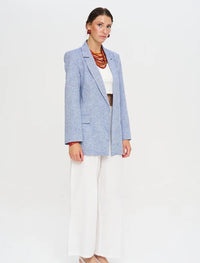 Linen Blend Lined Blue Women's Blazer Jacket