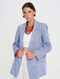 Linen Blend Lined Blue Women's Blazer Jacket