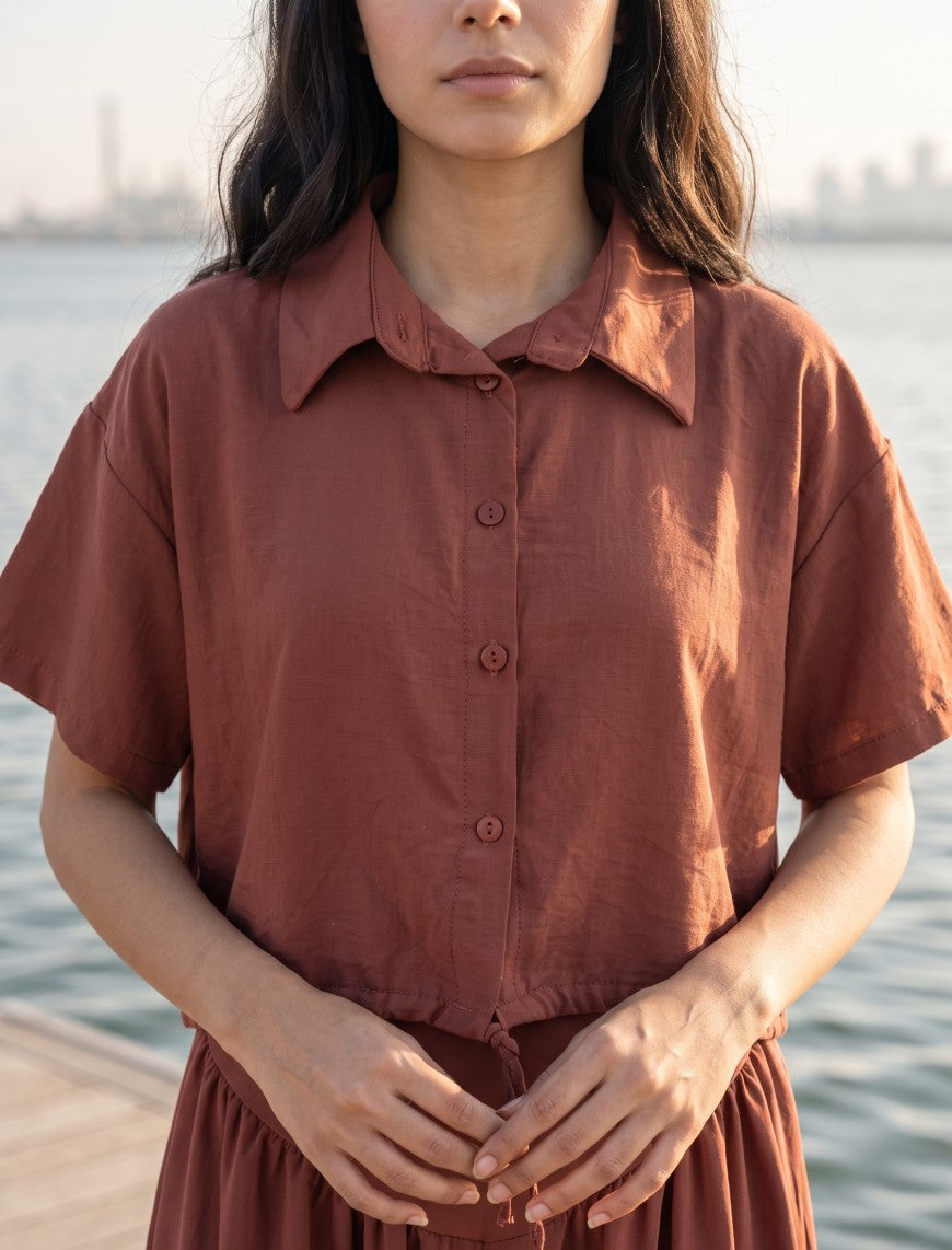 Button Up And Gathered Set - Chocolate