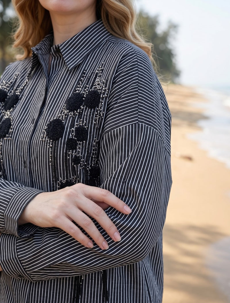 Oversize Stone Embellished Shirt - Black