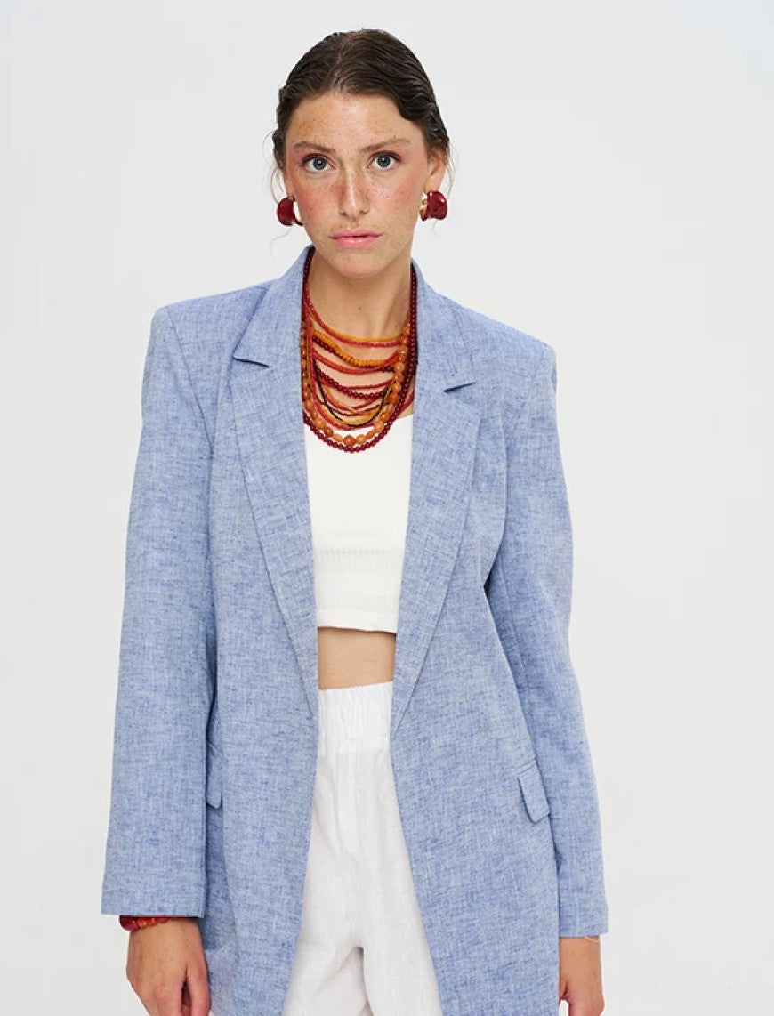 Linen Blend Lined Blue Women's Blazer Jacket