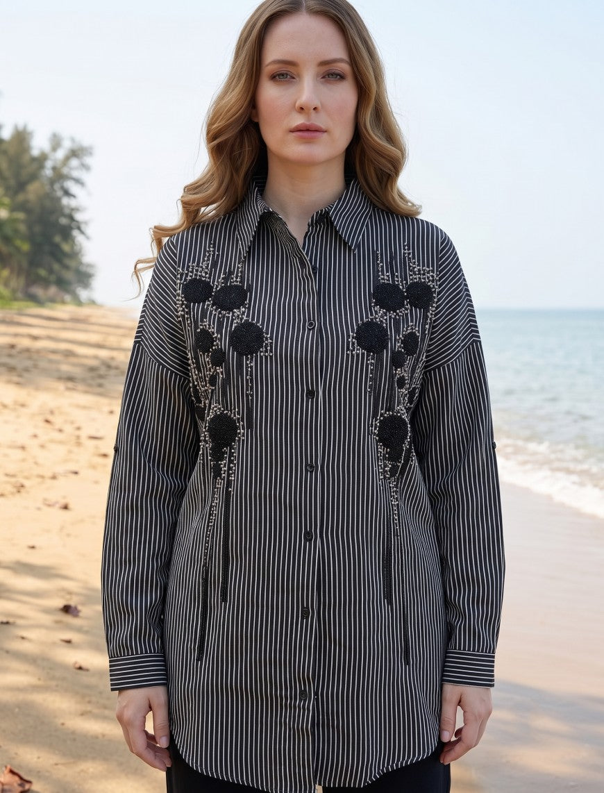 Oversize Stone Embellished Shirt - Black