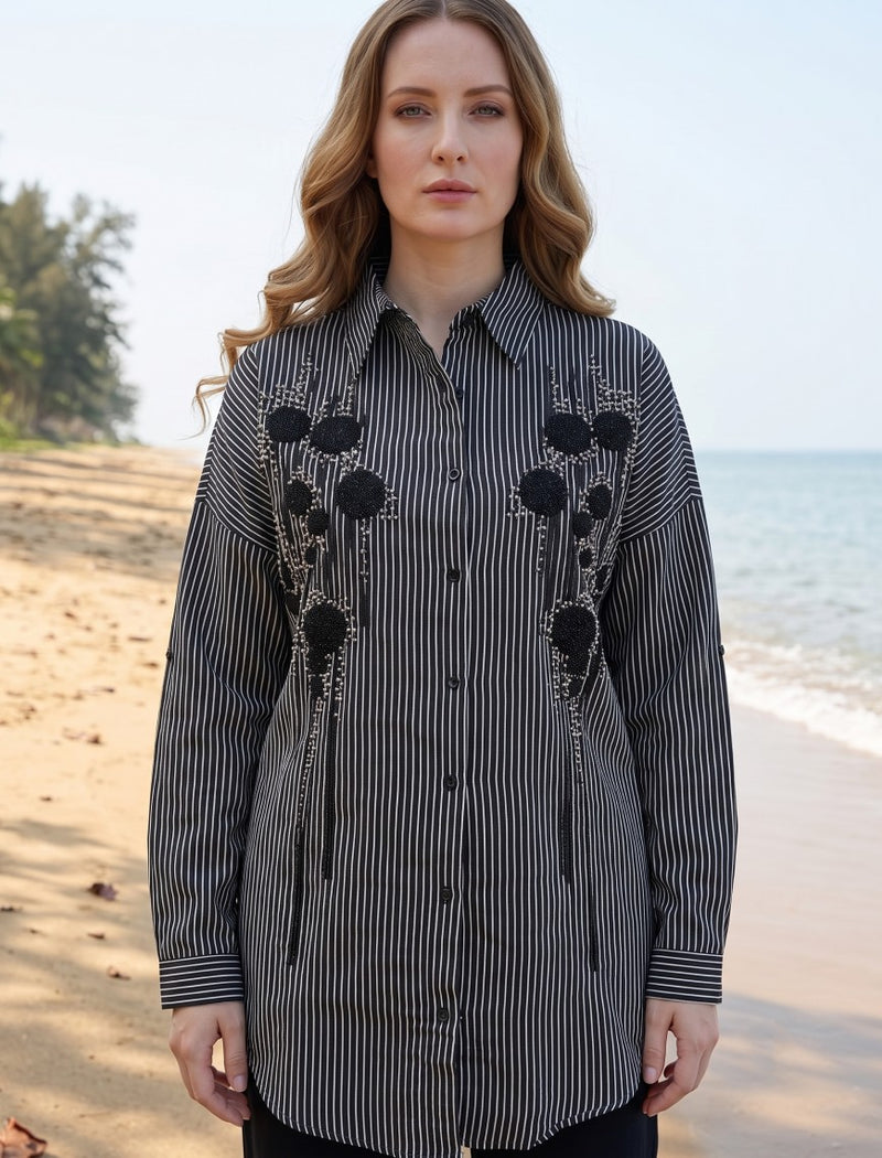 Oversize Stone Embellished Shirt - Black