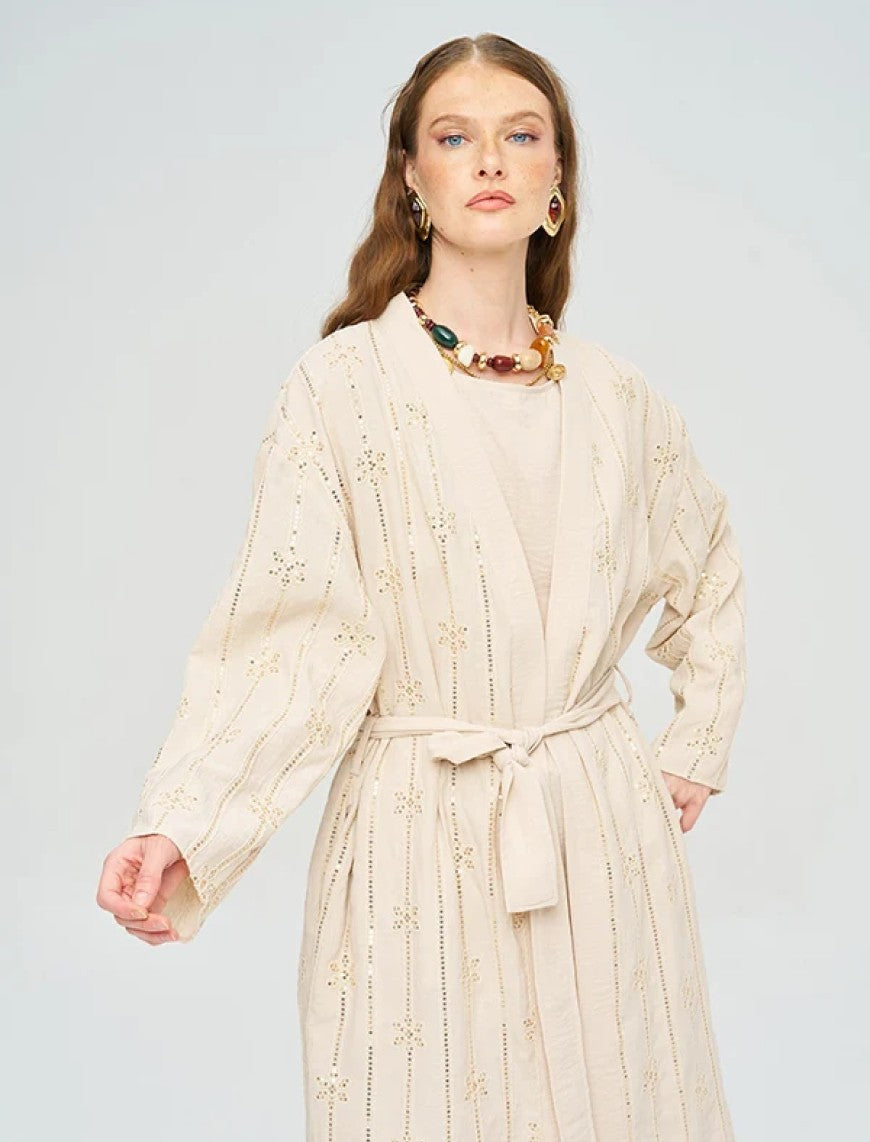 Beaded Kimono and Tank Top Set with Belt - Skin