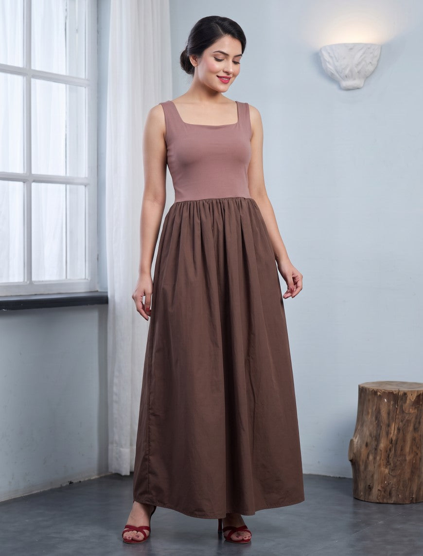 Indigo Cotton Blended Jersey Women's Frock - Brown