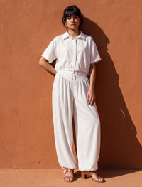 Button Up And Gathered Set - White