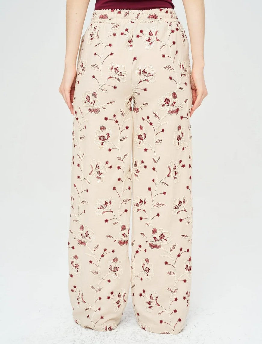 Palazzo Pants with Floral Embroidery and Sequins, Elastic Waistband - Skin
