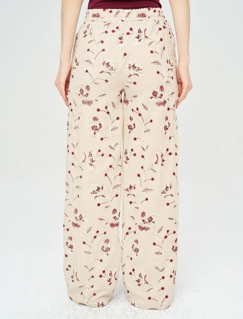 Palazzo Pants with Floral Embroidery and Sequins, Elastic Waistband - Skin