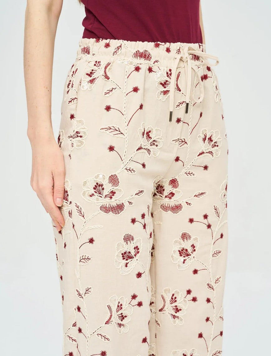 Palazzo Pants with Floral Embroidery and Sequins, Elastic Waistband - Skin