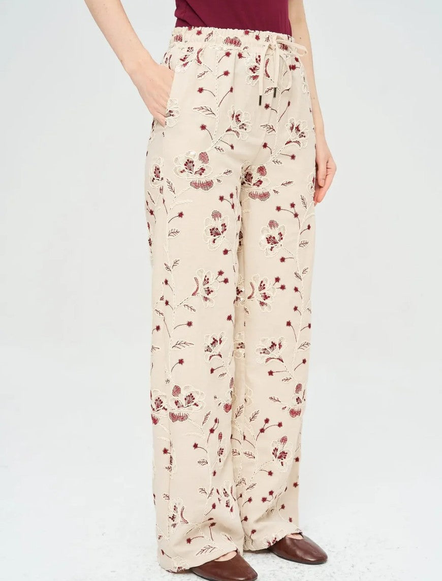 Palazzo Pants with Floral Embroidery and Sequins, Elastic Waistband - Skin