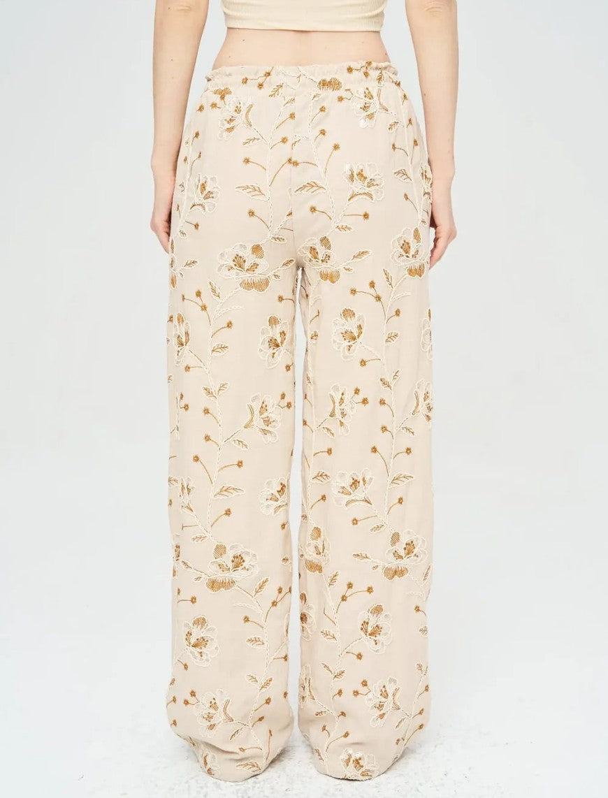 Floral Embroidered and Sequined Palazzo Pants with Elastic Waistband, Skin