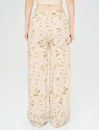 Floral Embroidered and Sequined Palazzo Pants with Elastic Waistband, Skin