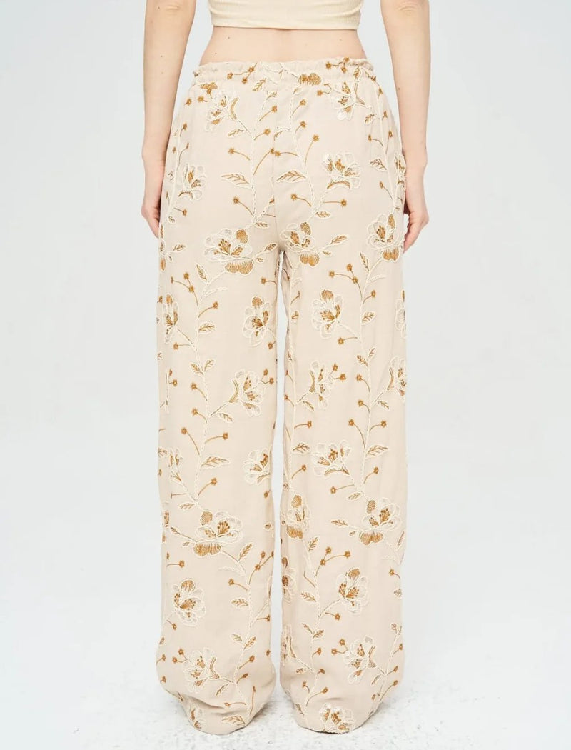 Floral Embroidered and Sequined Palazzo Pants with Elastic Waistband, Skin