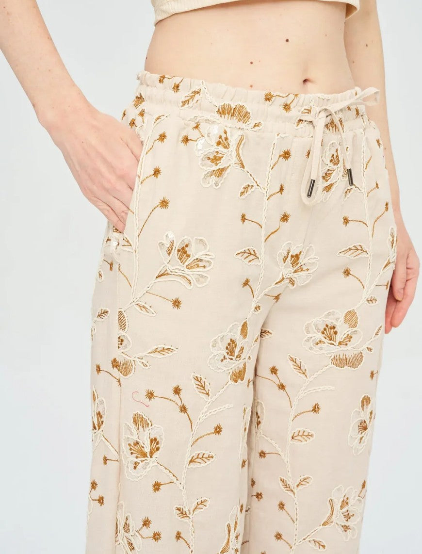 Floral Embroidered and Sequined Palazzo Pants with Elastic Waistband, Skin