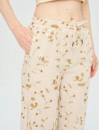 Floral Embroidered and Sequined Palazzo Pants with Elastic Waistband, Skin