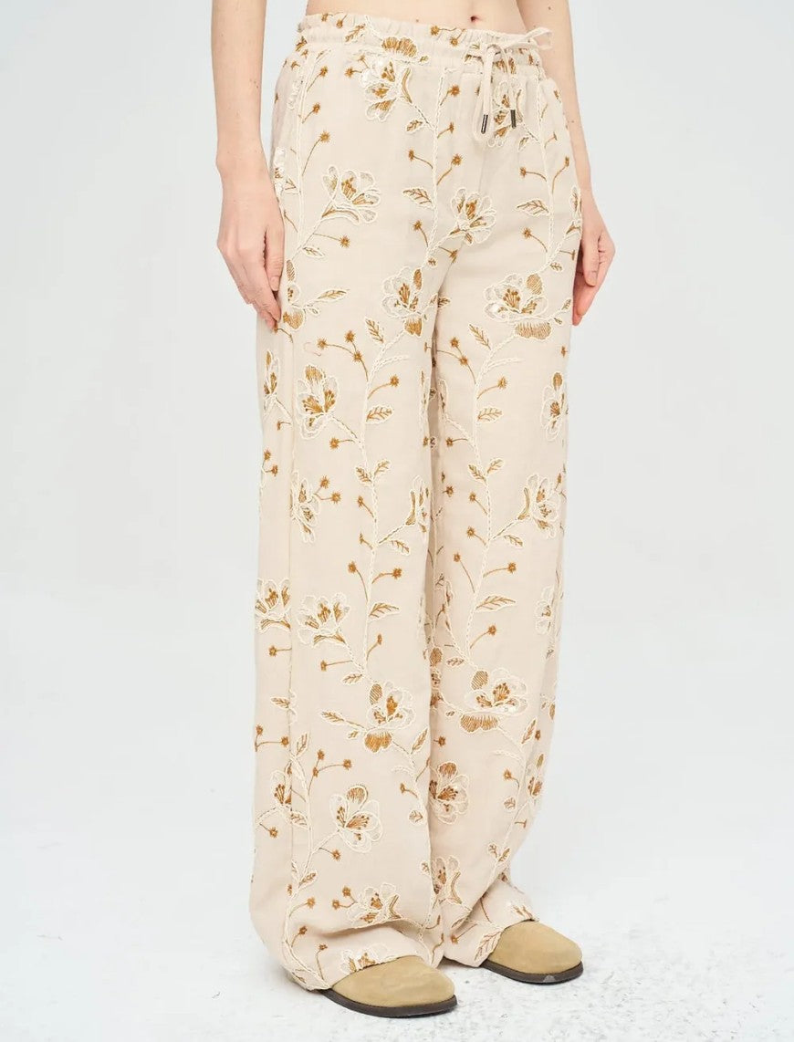Floral Embroidered and Sequined Palazzo Pants with Elastic Waistband, Skin
