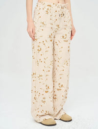 Floral Embroidered and Sequined Palazzo Pants with Elastic Waistband, Skin