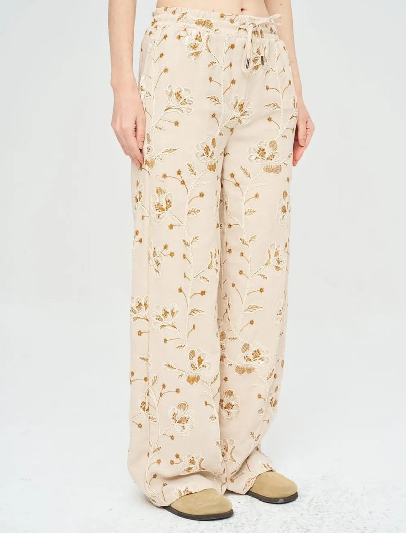 Floral Embroidered and Sequined Palazzo Pants with Elastic Waistband, Skin