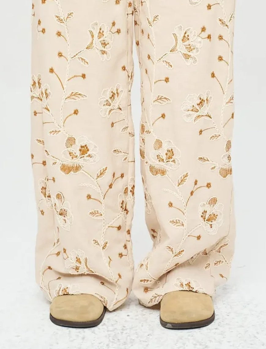 Floral Embroidered and Sequined Palazzo Pants with Elastic Waistband, Skin