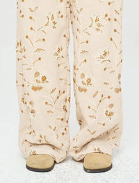 Floral Embroidered and Sequined Palazzo Pants with Elastic Waistband, Skin