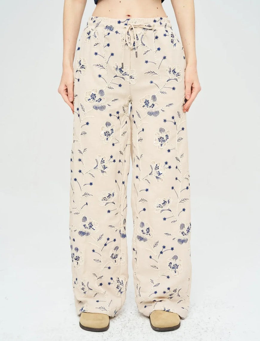 Palazzo Pants with Floral Embroidery and Sequins, Elastic Waistband - Skin