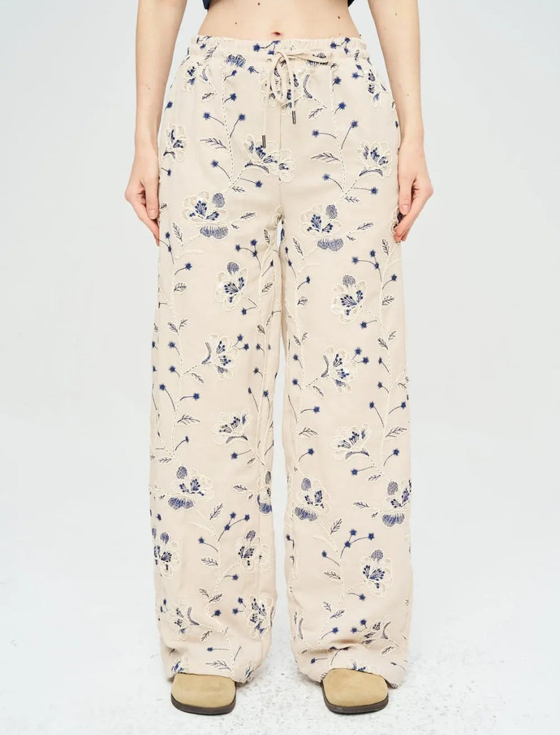 Palazzo Pants with Floral Embroidery and Sequins, Elastic Waistband - Skin