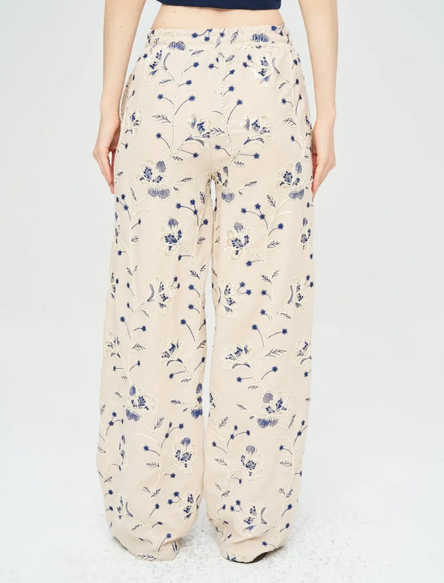 Palazzo Pants with Floral Embroidery and Sequins, Elastic Waistband - Skin