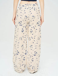 Palazzo Pants with Floral Embroidery and Sequins, Elastic Waistband - Skin