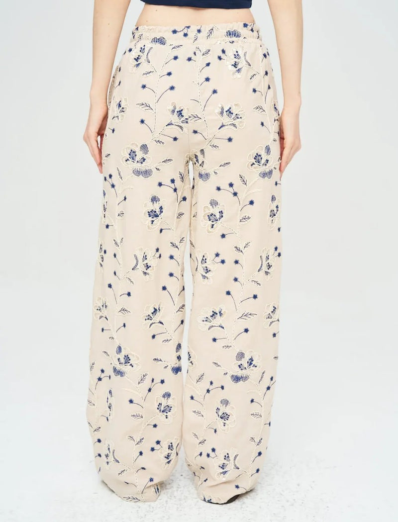 Palazzo Pants with Floral Embroidery and Sequins, Elastic Waistband - Skin