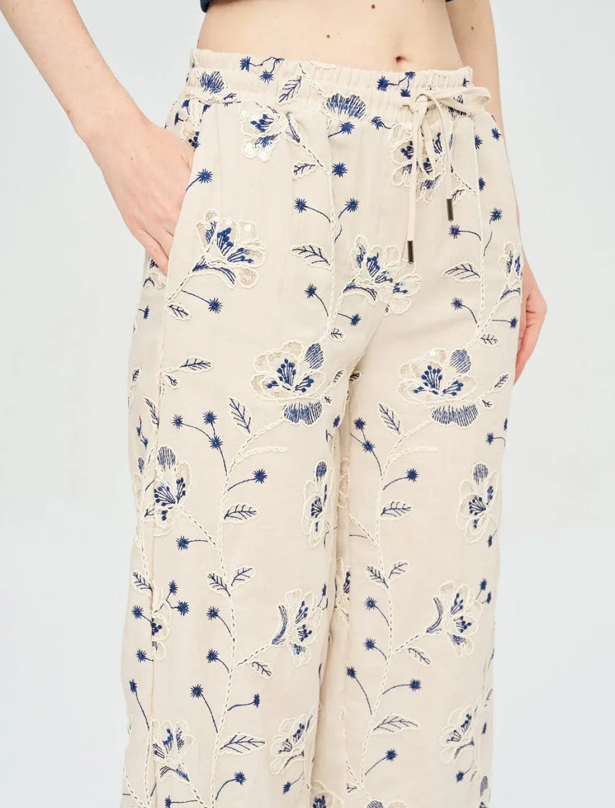 Palazzo Pants with Floral Embroidery and Sequins, Elastic Waistband - Skin