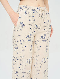 Palazzo Pants with Floral Embroidery and Sequins, Elastic Waistband - Skin