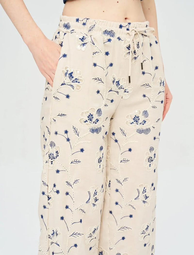Palazzo Pants with Floral Embroidery and Sequins, Elastic Waistband - Skin