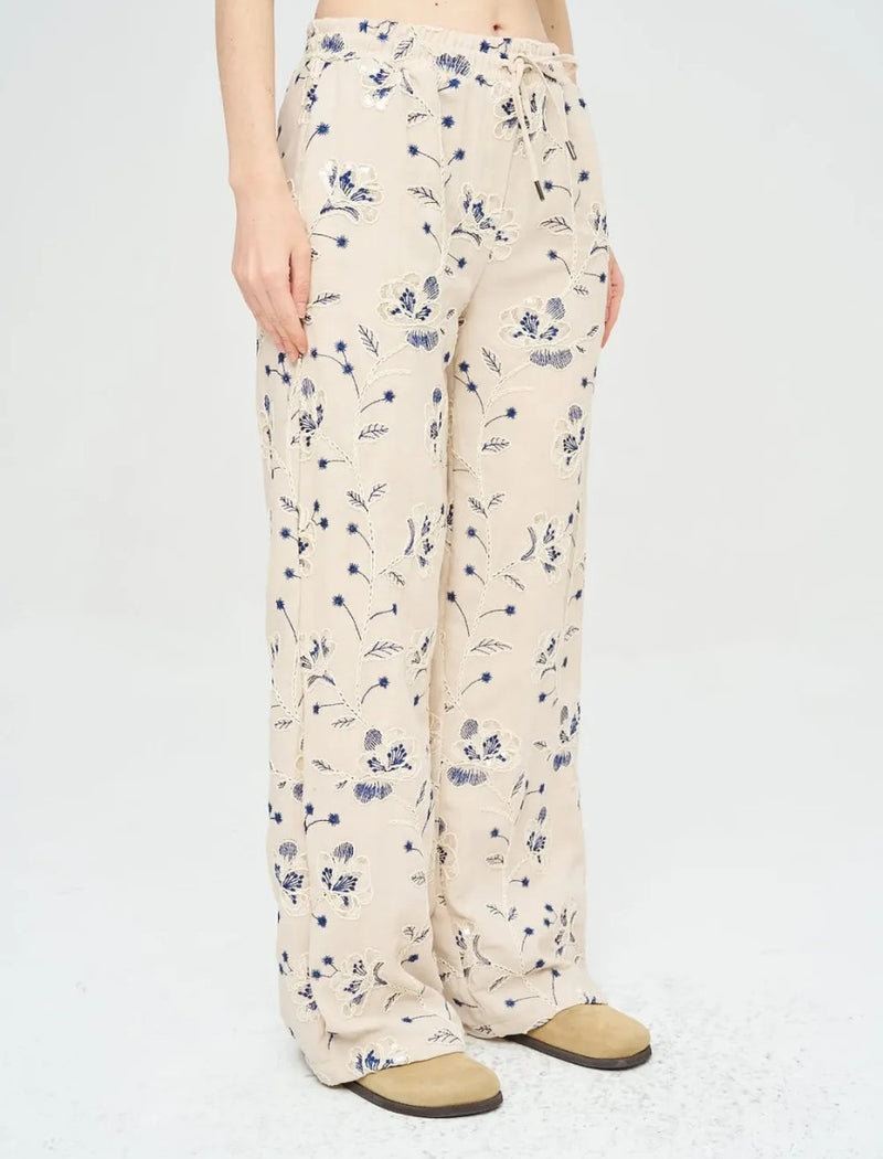Palazzo Pants with Floral Embroidery and Sequins, Elastic Waistband - Skin