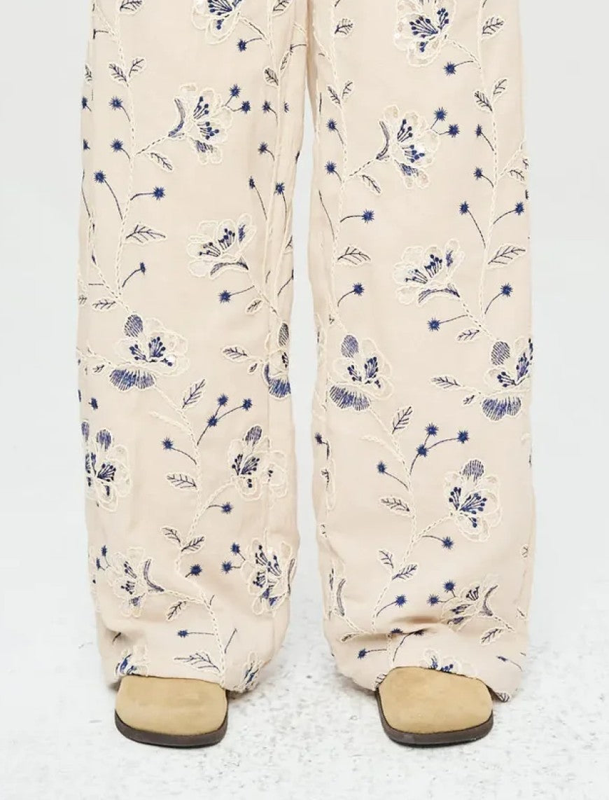 Palazzo Pants with Floral Embroidery and Sequins, Elastic Waistband - Skin