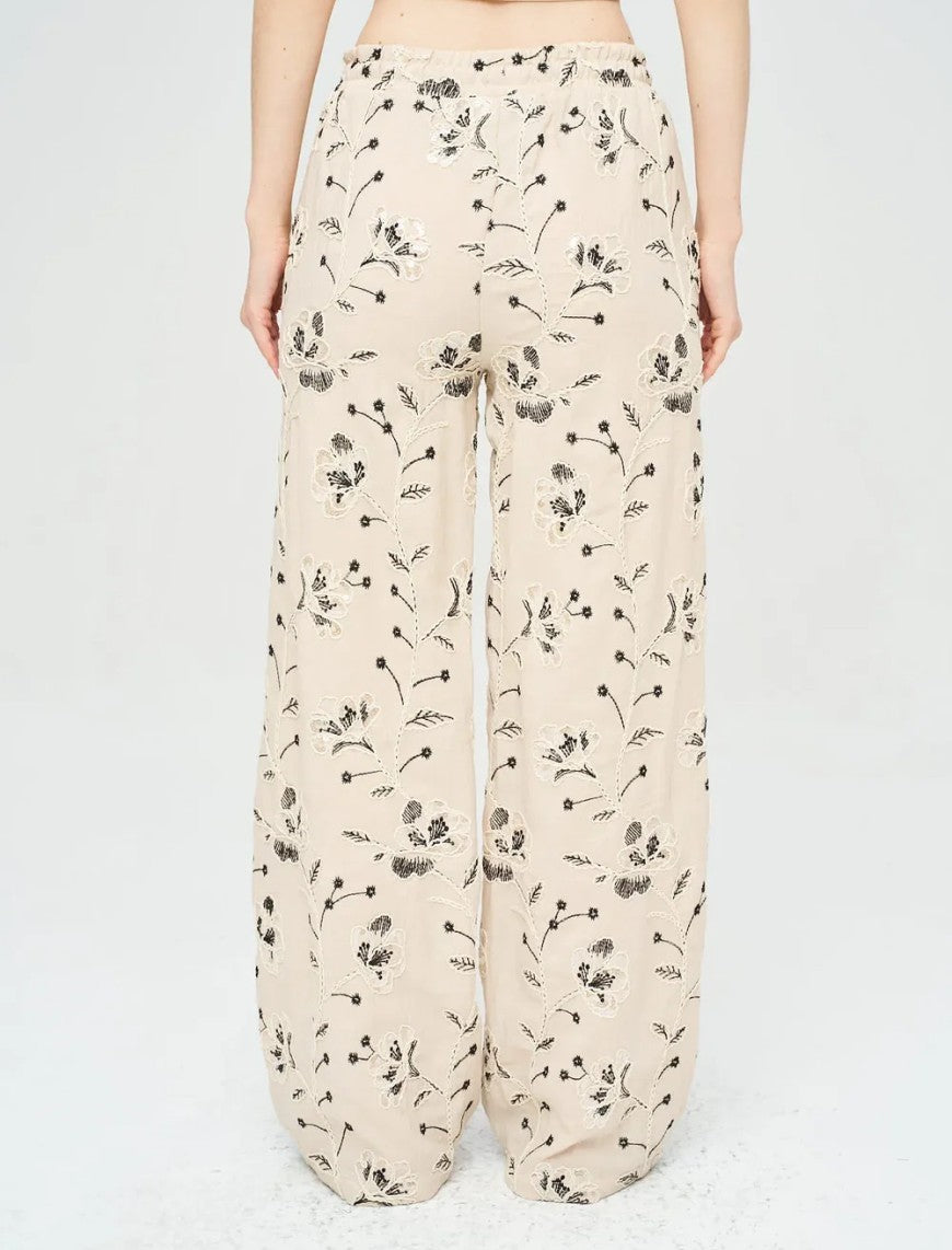 Palazzo Pants with Floral Embroidery and Sequins, Elastic Waistband - Skin