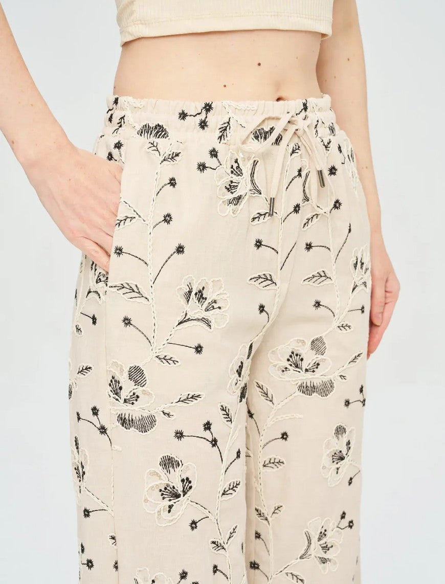 Palazzo Pants with Floral Embroidery and Sequins, Elastic Waistband - Skin