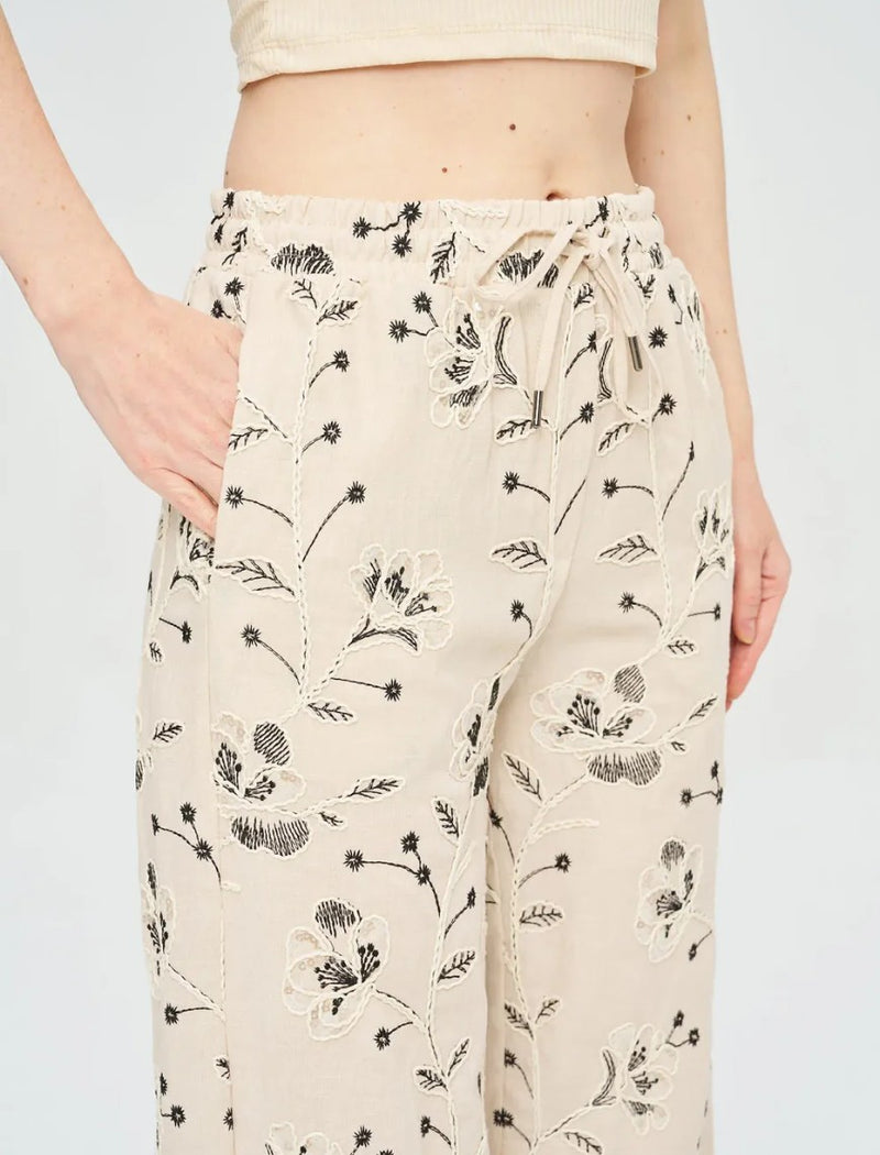 Palazzo Pants with Floral Embroidery and Sequins, Elastic Waistband - Skin