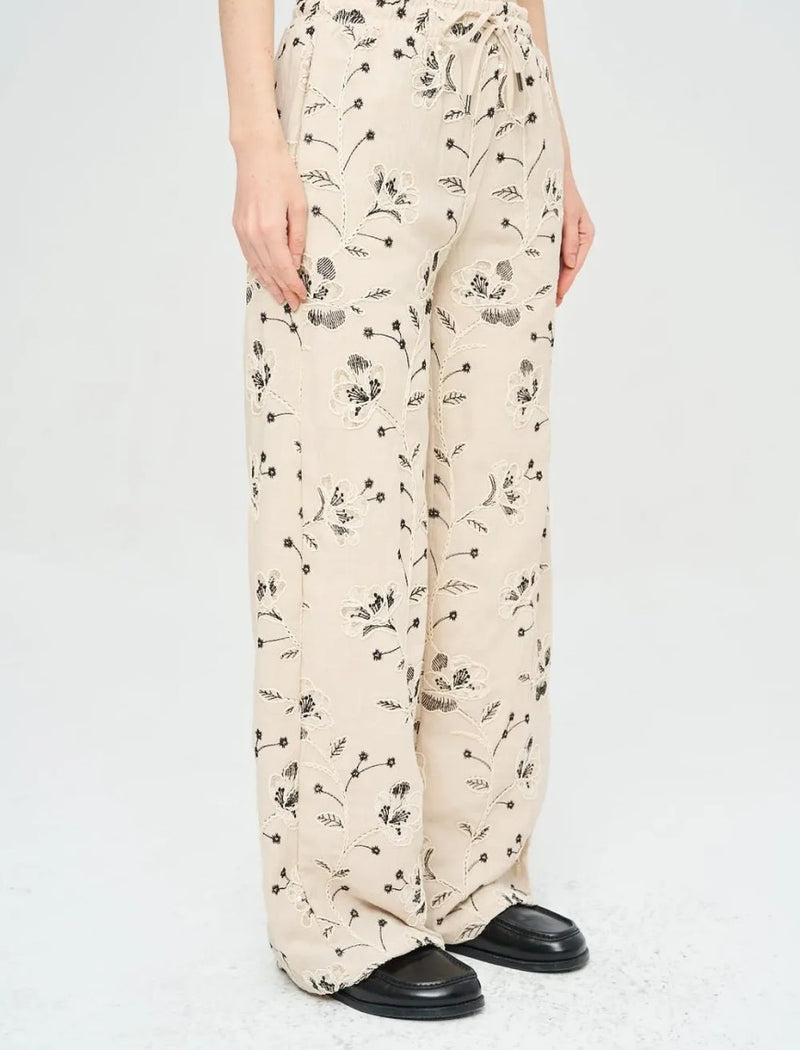 Palazzo Pants with Floral Embroidery and Sequins, Elastic Waistband - Skin