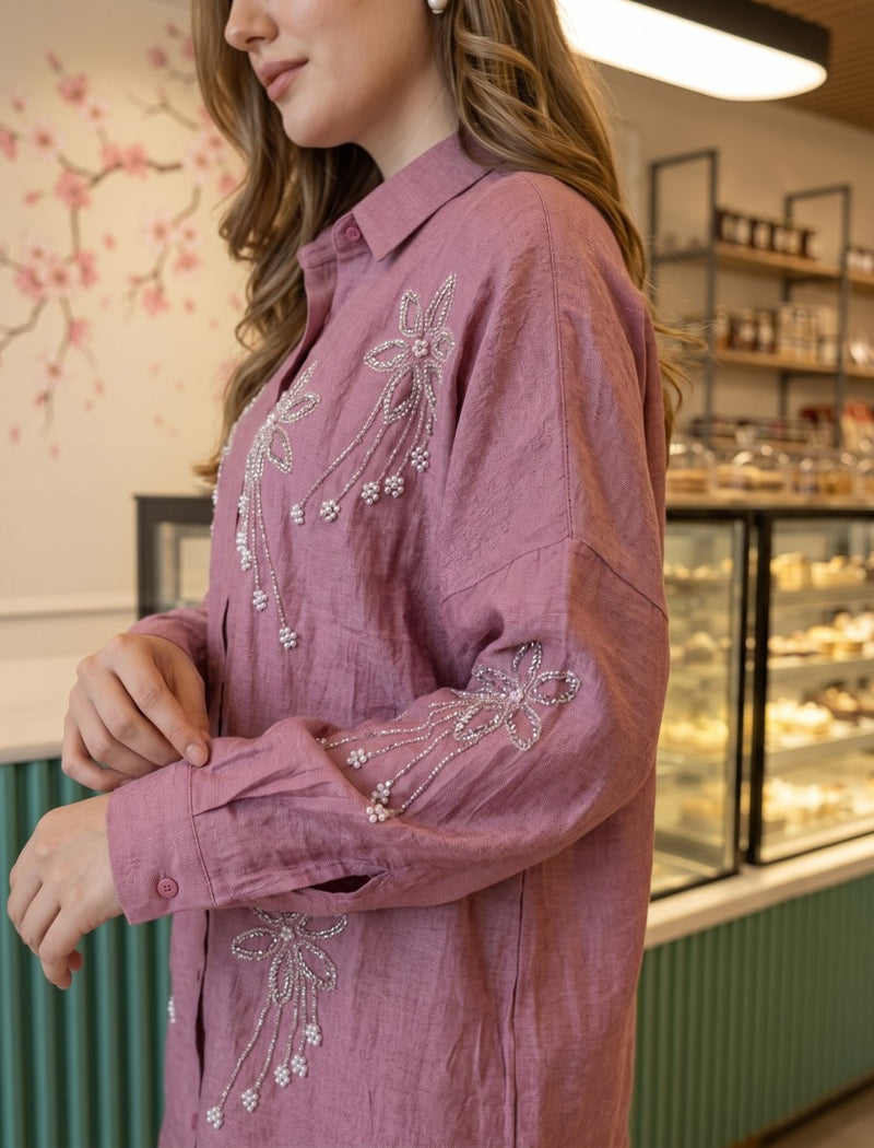 Oversize Stone Embellished Shirt - Pink