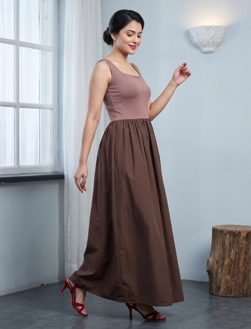 Indigo Cotton Blended Jersey Women's Frock - Brown