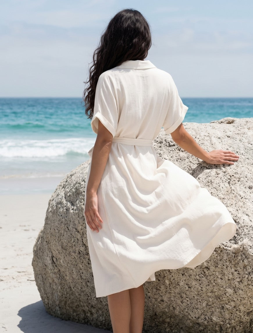 Indigo Tie Hemp Linen Shirtdress - Off White