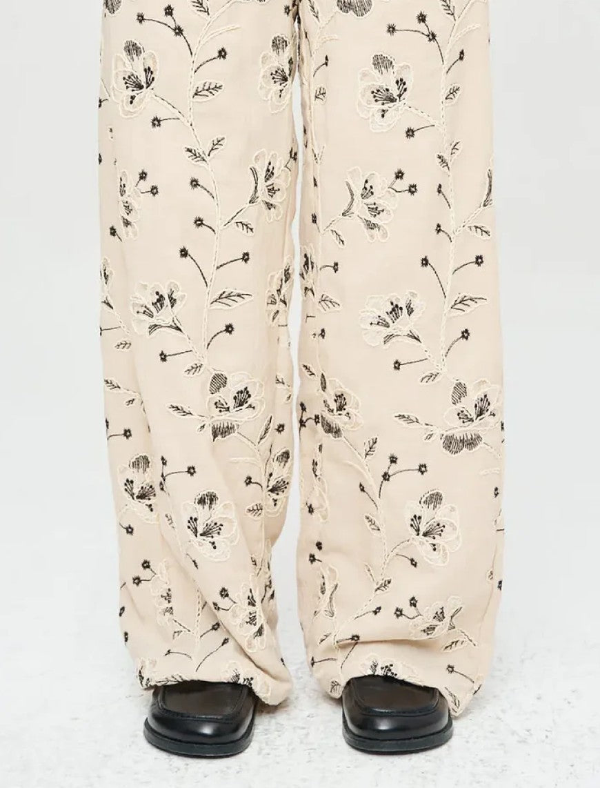 Palazzo Pants with Floral Embroidery and Sequins, Elastic Waistband - Skin