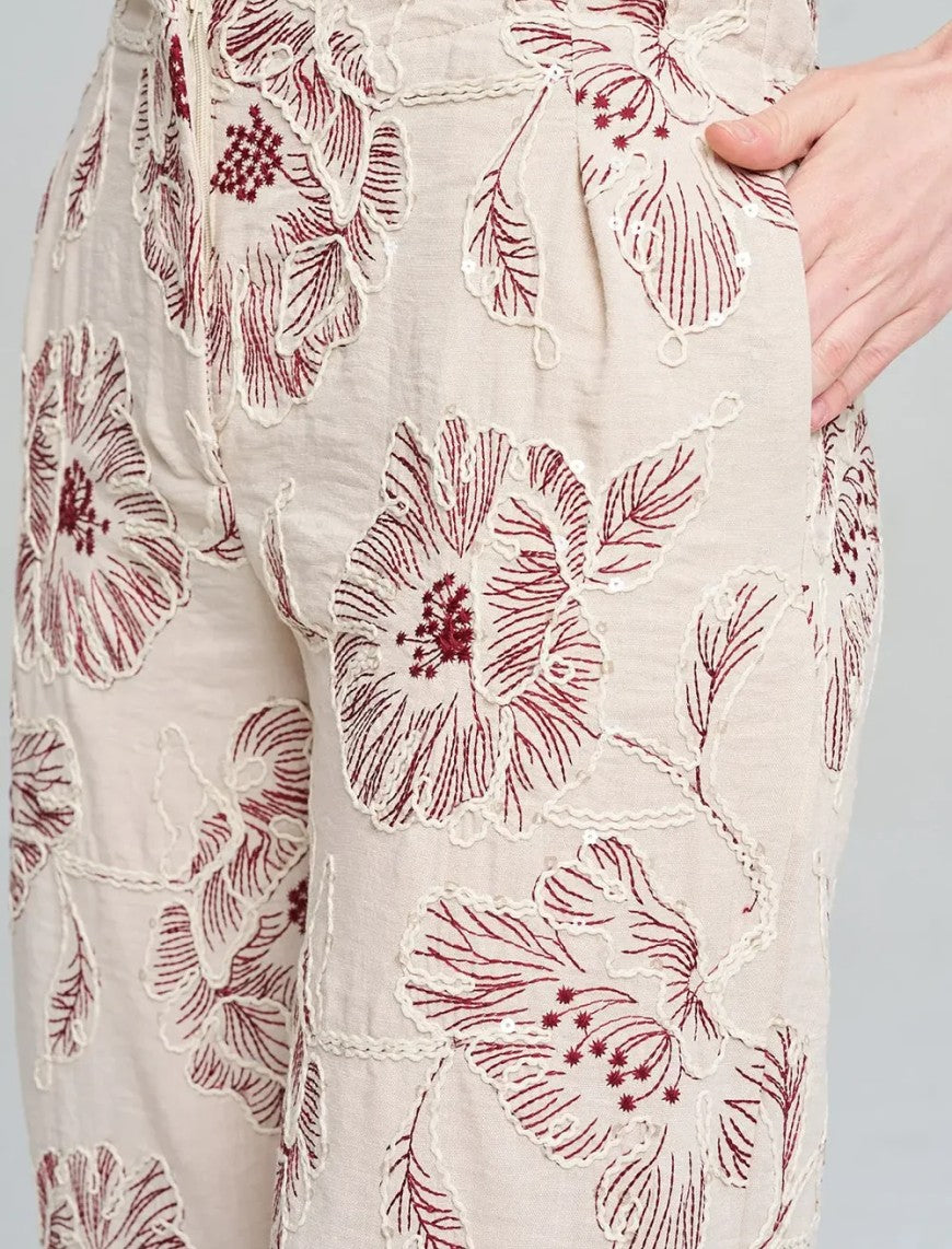 Wide-Leg Trousers with Floral Embroidery and Sequin Details - Skin